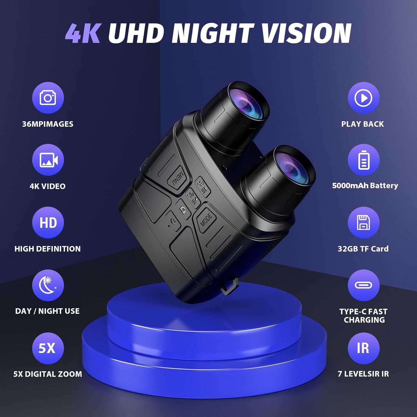 4K Night Vision Goggles - High-Performance Binoculars with 5000mAh Battery, 32GB Card, and 3'' HD Screen for Camping & Security