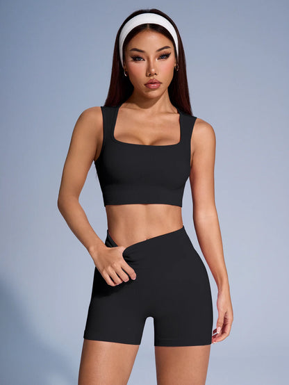 Seamless Ribbed Yoga Set - 2-Piece Crop Tank & High Waist Shorts for Women - Sport Slam