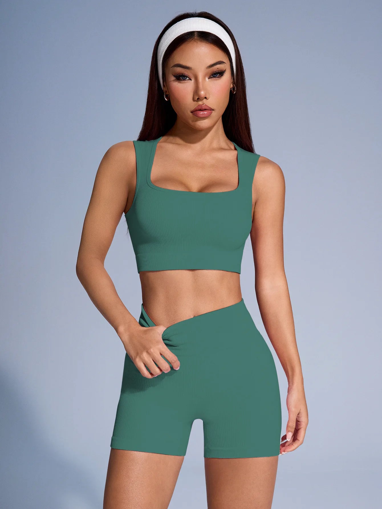 Seamless Ribbed Yoga Set - 2-Piece Crop Tank & High Waist Shorts for Women - Sport Slam