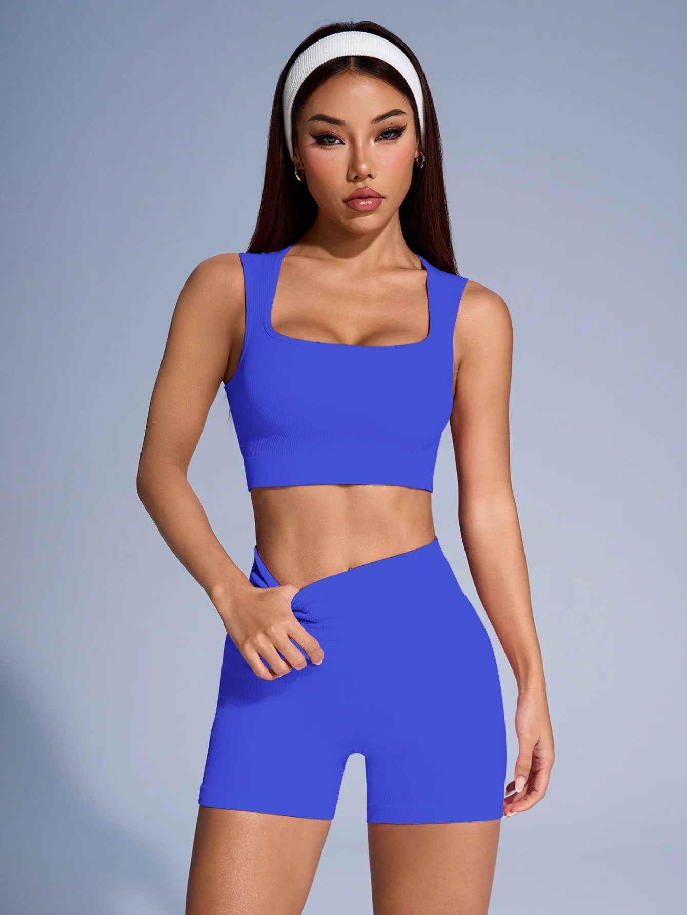 Seamless Ribbed Yoga Set - 2-Piece Crop Tank & High Waist Shorts for Women - Sport Slam