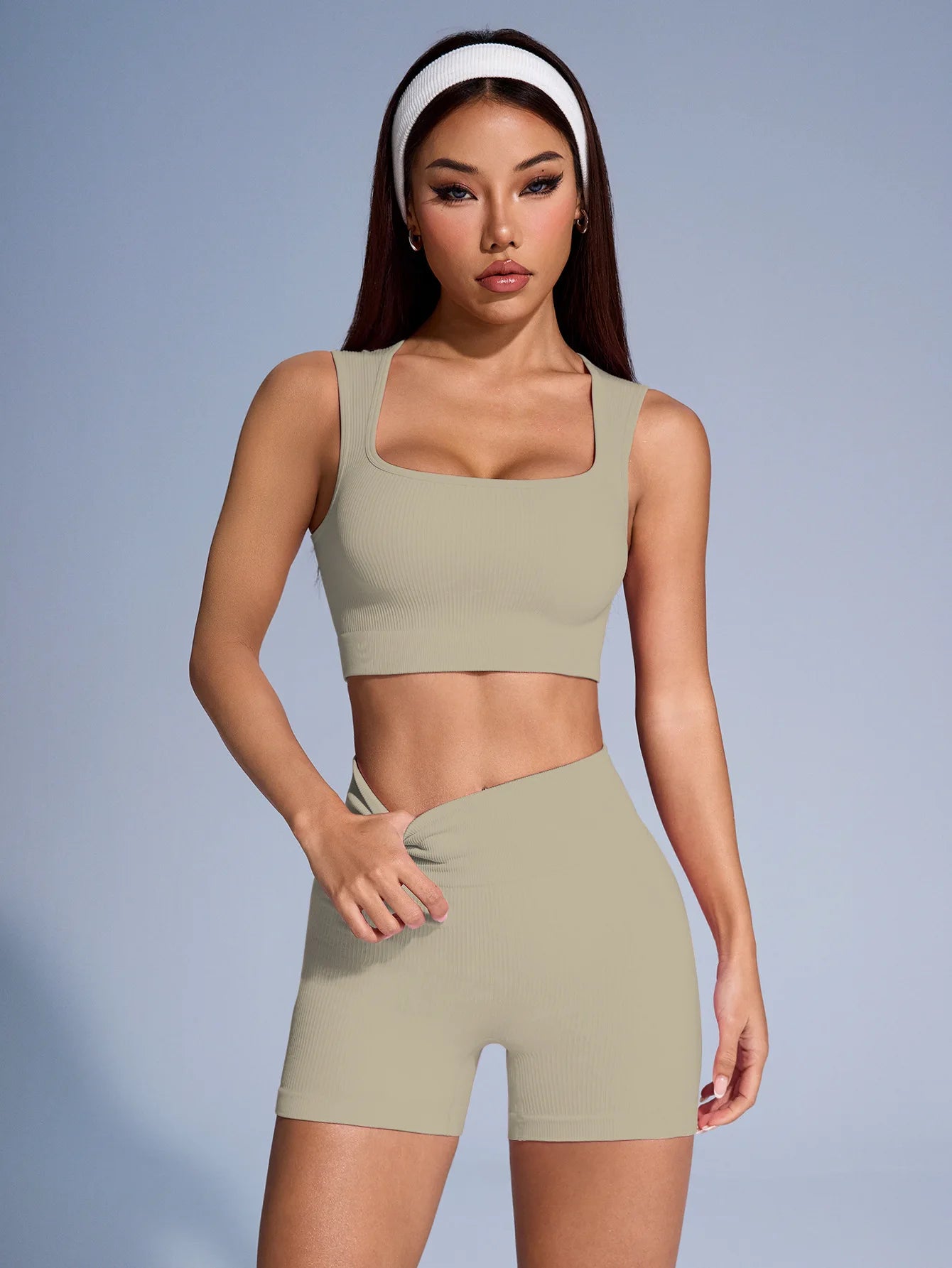 Seamless Ribbed Yoga Set - 2-Piece Crop Tank & High Waist Shorts for Women - Sport Slam