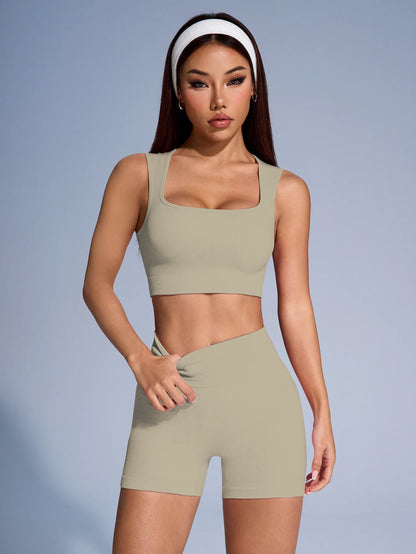 Seamless Ribbed Yoga Set - 2-Piece Crop Tank & High Waist Shorts for Women - Sport Slam