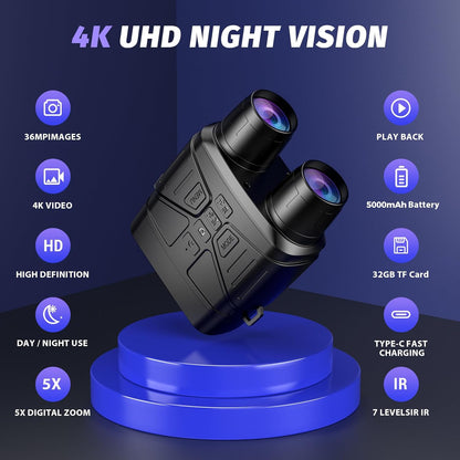 4K Night Vision Goggles - High-Performance Binoculars with 5000mAh Battery, 32GB Card, and 3'' HD Screen for Camping & Security